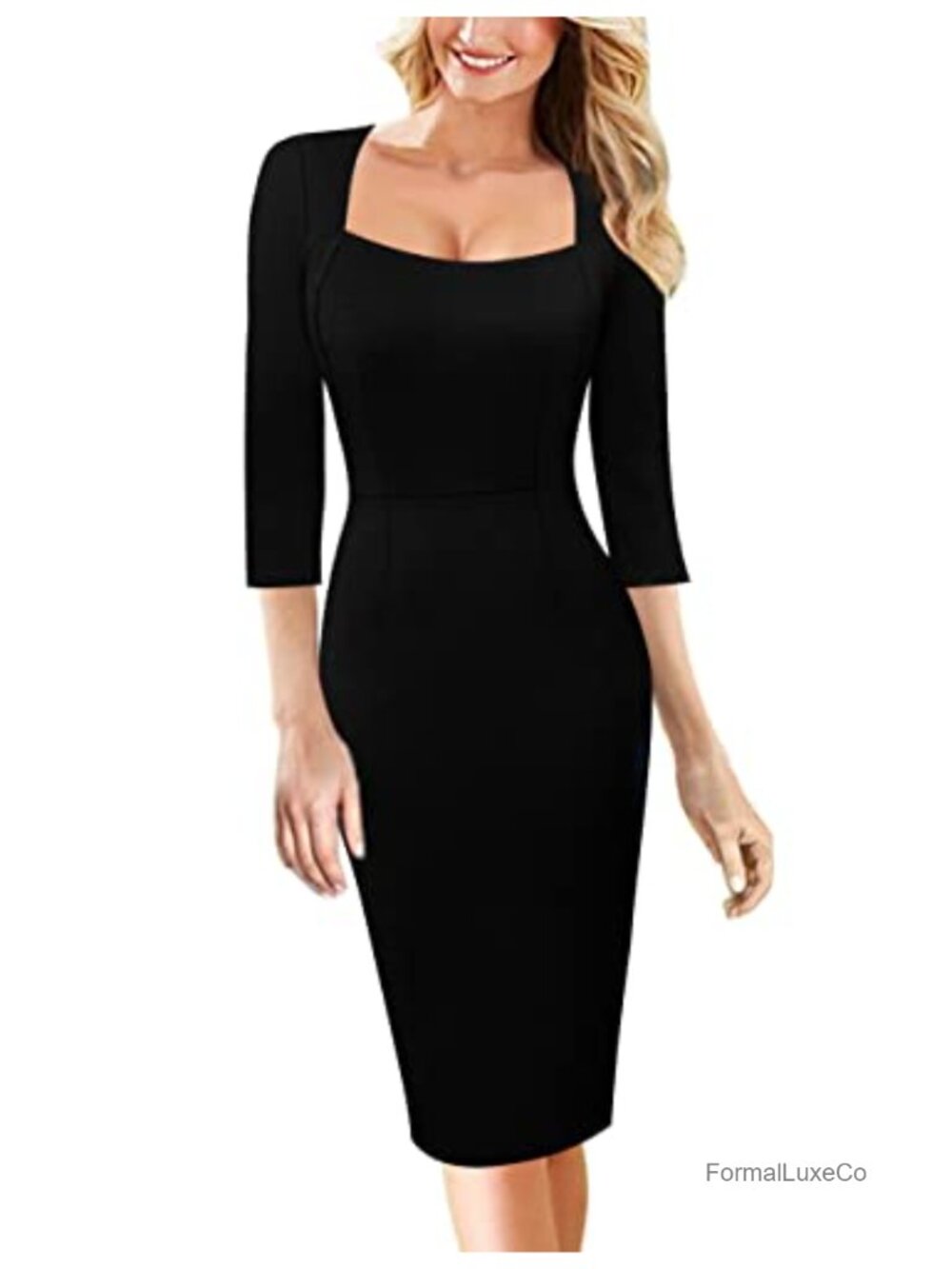 Women's Vintage Square Neck Bodycon Dress 3/4 Sleeve Sheath Dress Business